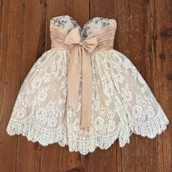 Sherri Hill Pink Strapless White Lace Hoco BabyDoll Dress Bow Short Mini Size 6 - Picture 1 of 7